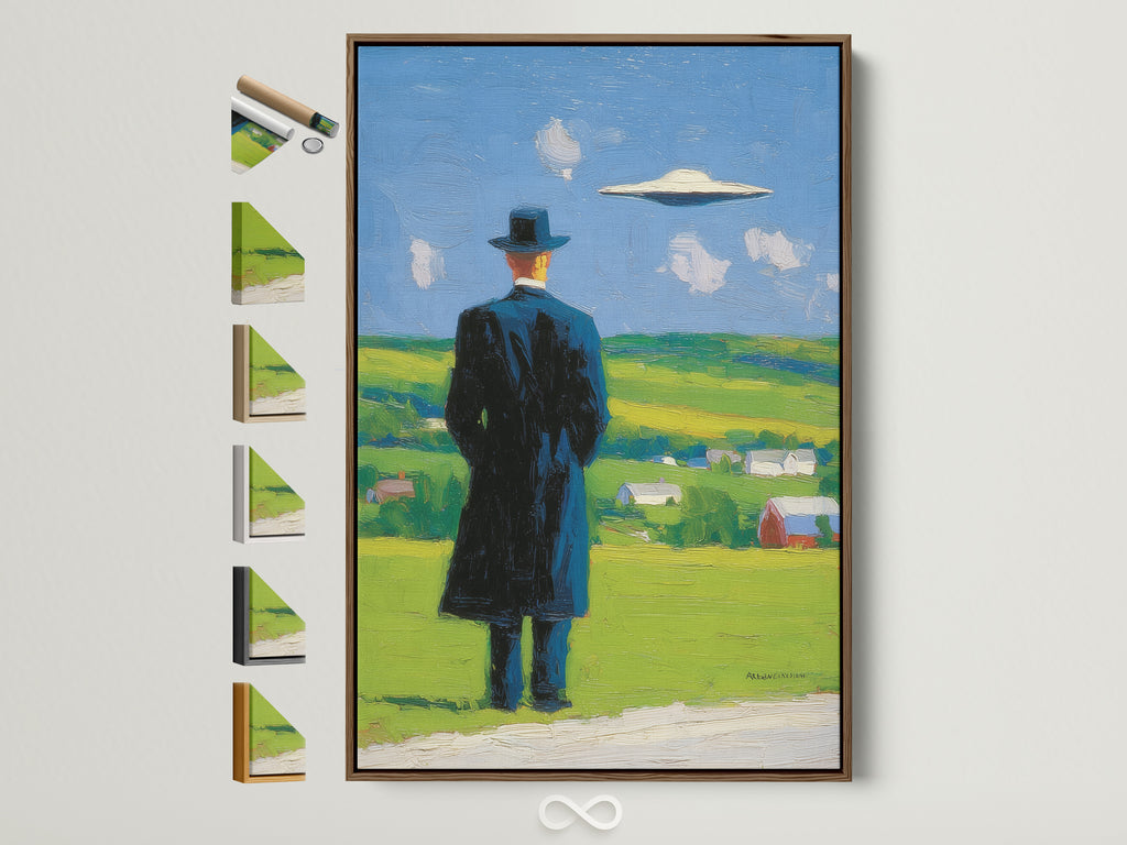 Surreal Figure Canvas Art with a brown frame. This contemporary landscape painting features a mysterious man and a UFO. Perfect wall art for your office or home with country and farmhouse style.