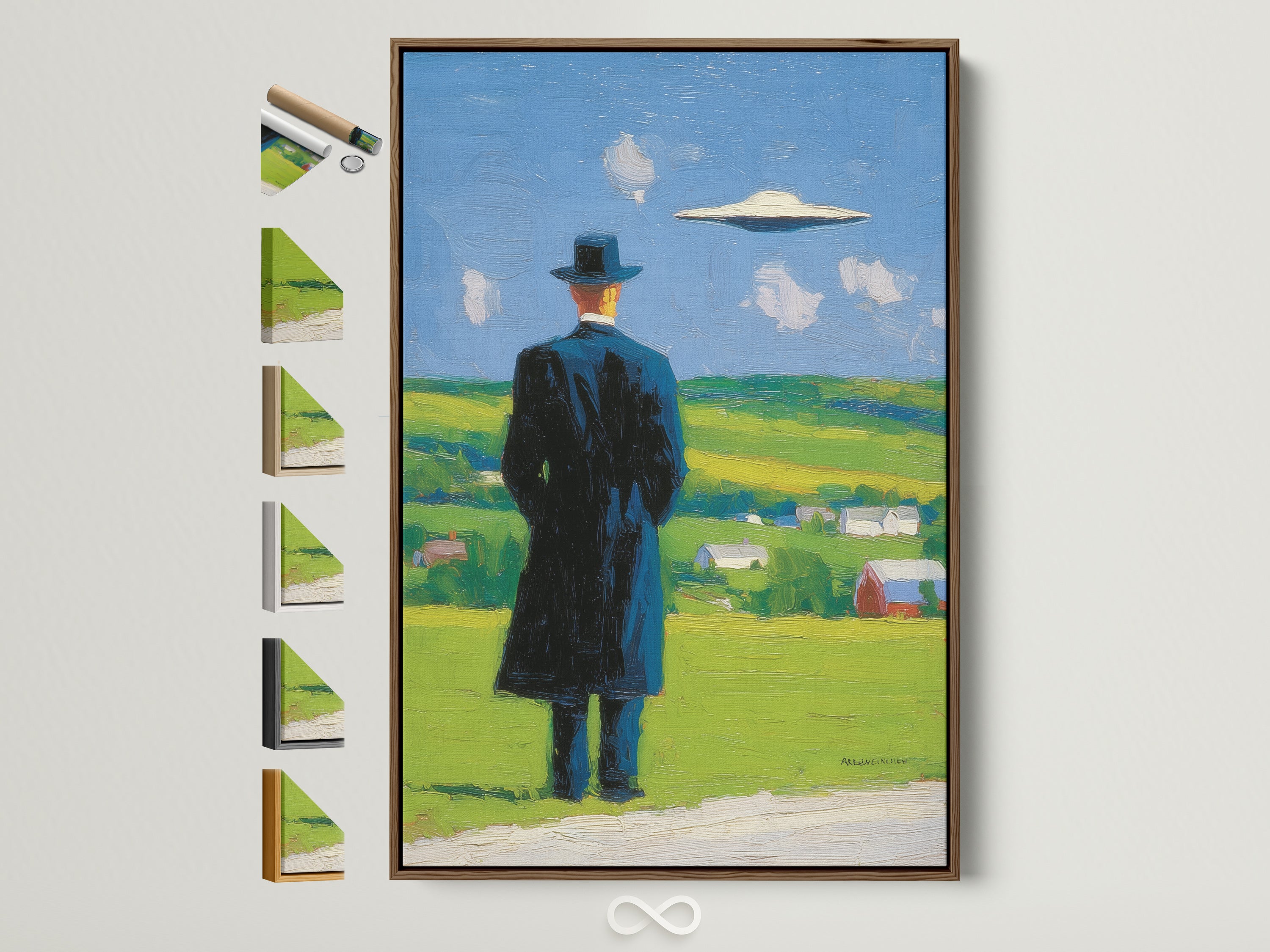 Surreal Figure Canvas Art with a brown frame. This contemporary landscape painting features a mysterious man and a UFO. Perfect wall art for your office or home with country and farmhouse style.