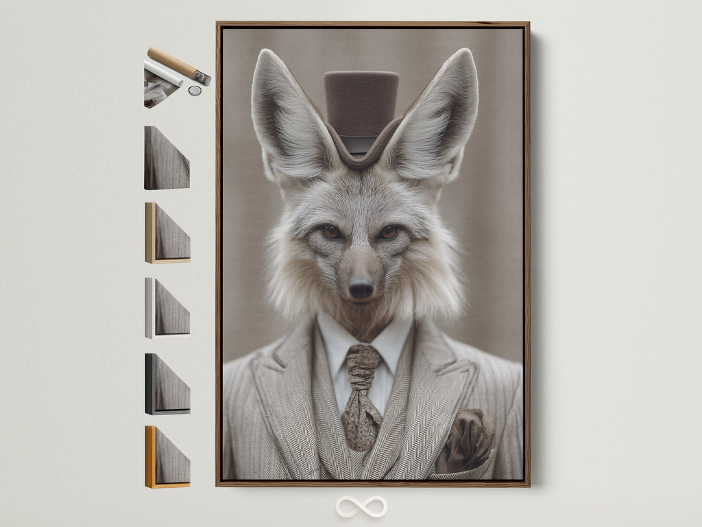 Fox Gentleman Canvas Print with a brown frame. This dapper animal wall artwork adds a touch of Victorian style to any study room. The artwork features a fox in a suit and top hat. Various frame options are displayed to the side. It is perfect for adding character to studies libraries or offices.