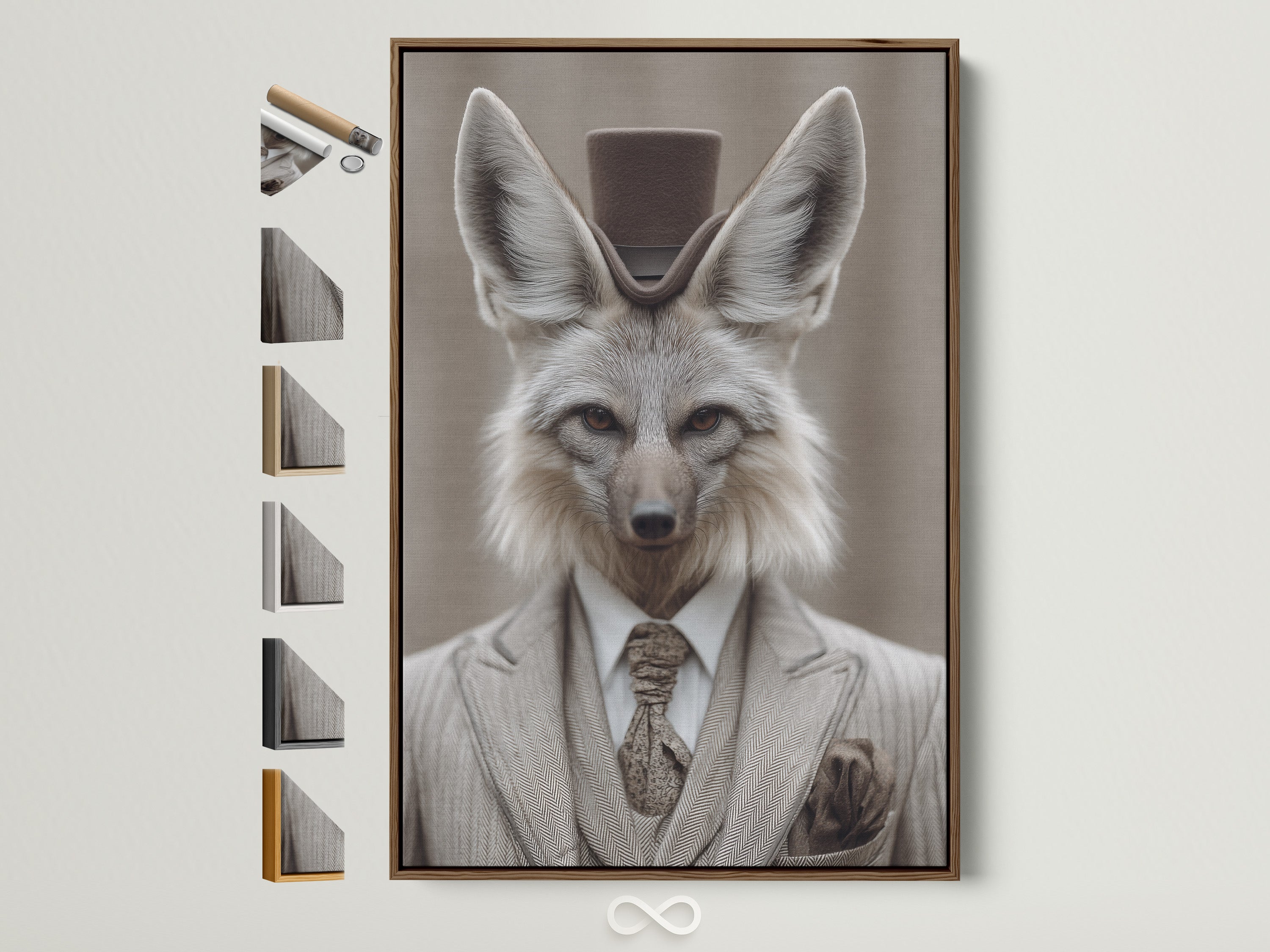 Fox Gentleman Canvas Print with a brown frame. This dapper animal wall artwork adds a touch of Victorian style to any study room. The artwork features a fox in a suit and top hat. Various frame options are displayed to the side. It is perfect for adding character to studies libraries or offices.