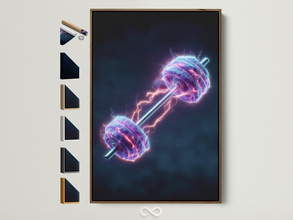Neon Dumbbell electric gym artwork with a brown frame. All frame options are displayed on the side. This fitness motivation canvas print is perfect for home gym decor. The artwork adds an energetic touch to your workout space. The brown frame complements the contemporary style.