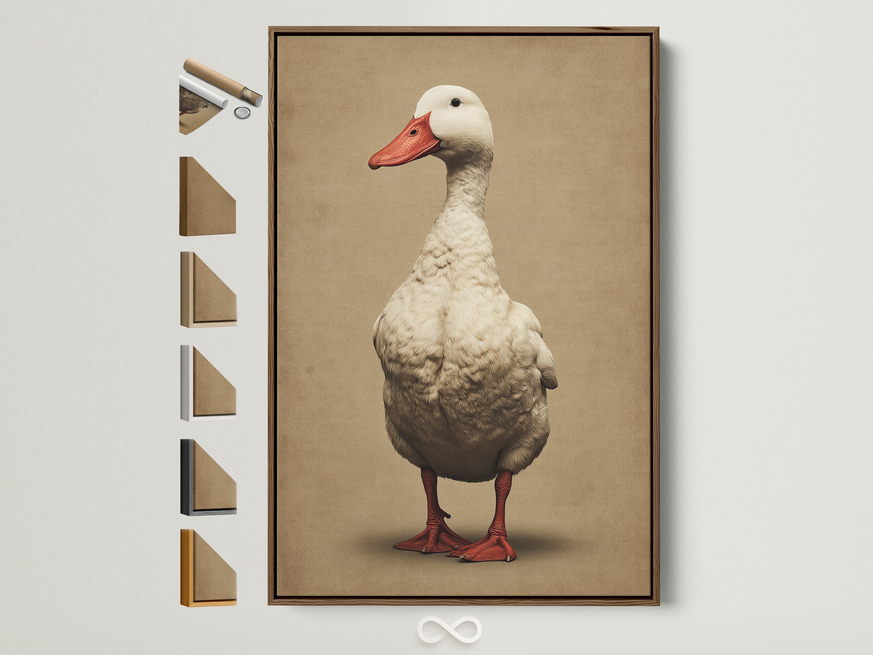 Vintage duck art print in a brown frame. It shows all the frame options on the side. Enhance your farmhouse decor with this rustic animal artwork. Perfect for kitchen and dining room decor. A timeless piece of country home art.