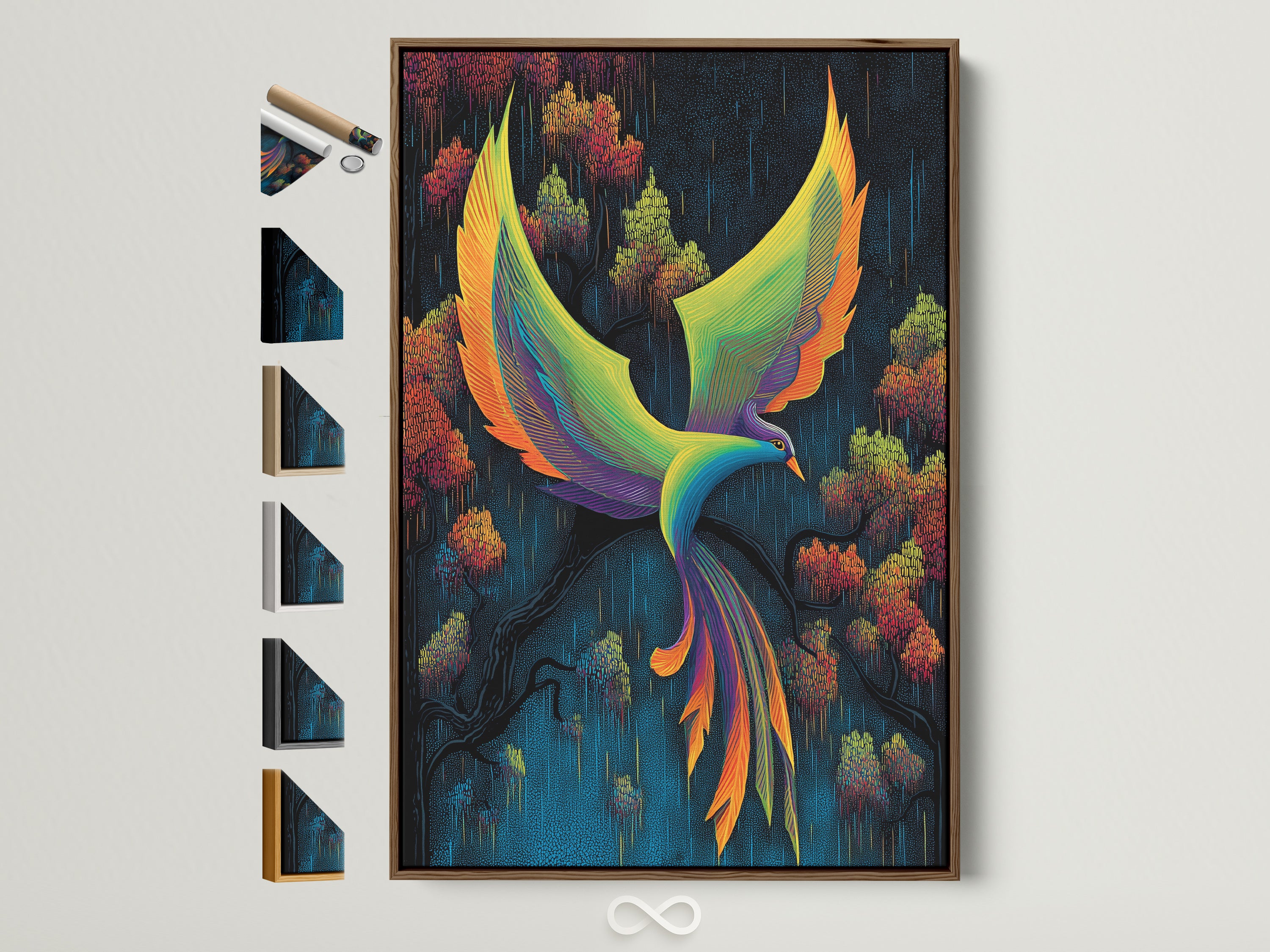 Phoenix Bird artwork with a brown frame. Various frame options are displayed. This abstract wall decor features teal and orange hues. Ideal for bedroom art vibrant artwork and colorful fantasy prints. A great choice for modern wall decor.