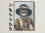 Vintage cat portrait art in a brown frame. The artwork features a cat dressed in a hat and necklace. Frame options are displayed on the side. Perfect whimsical animal wall art for eclectic home decor.