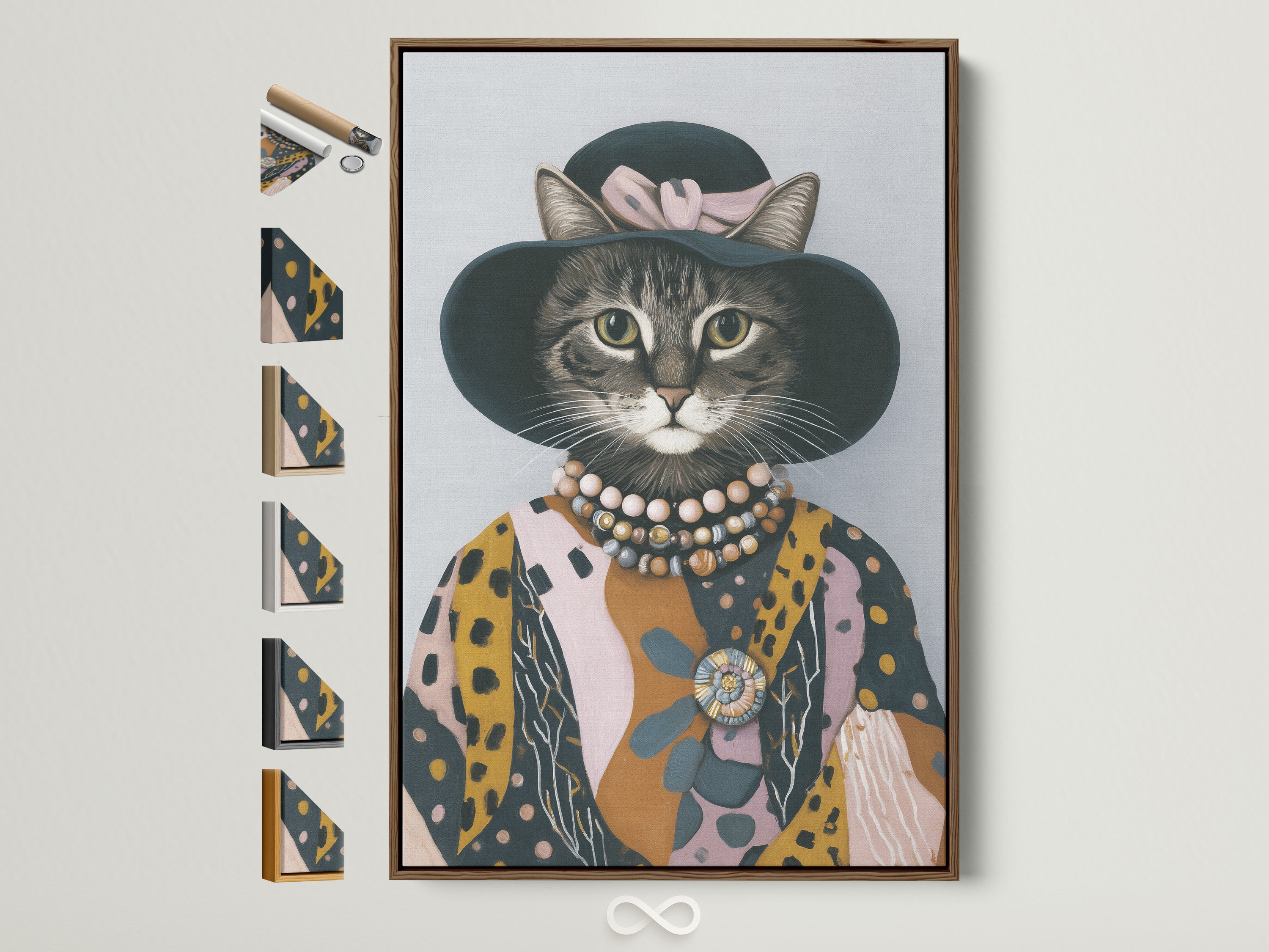 Vintage cat portrait art in a brown frame. The artwork features a cat dressed in a hat and necklace. Frame options are displayed on the side. Perfect whimsical animal wall art for eclectic home decor.