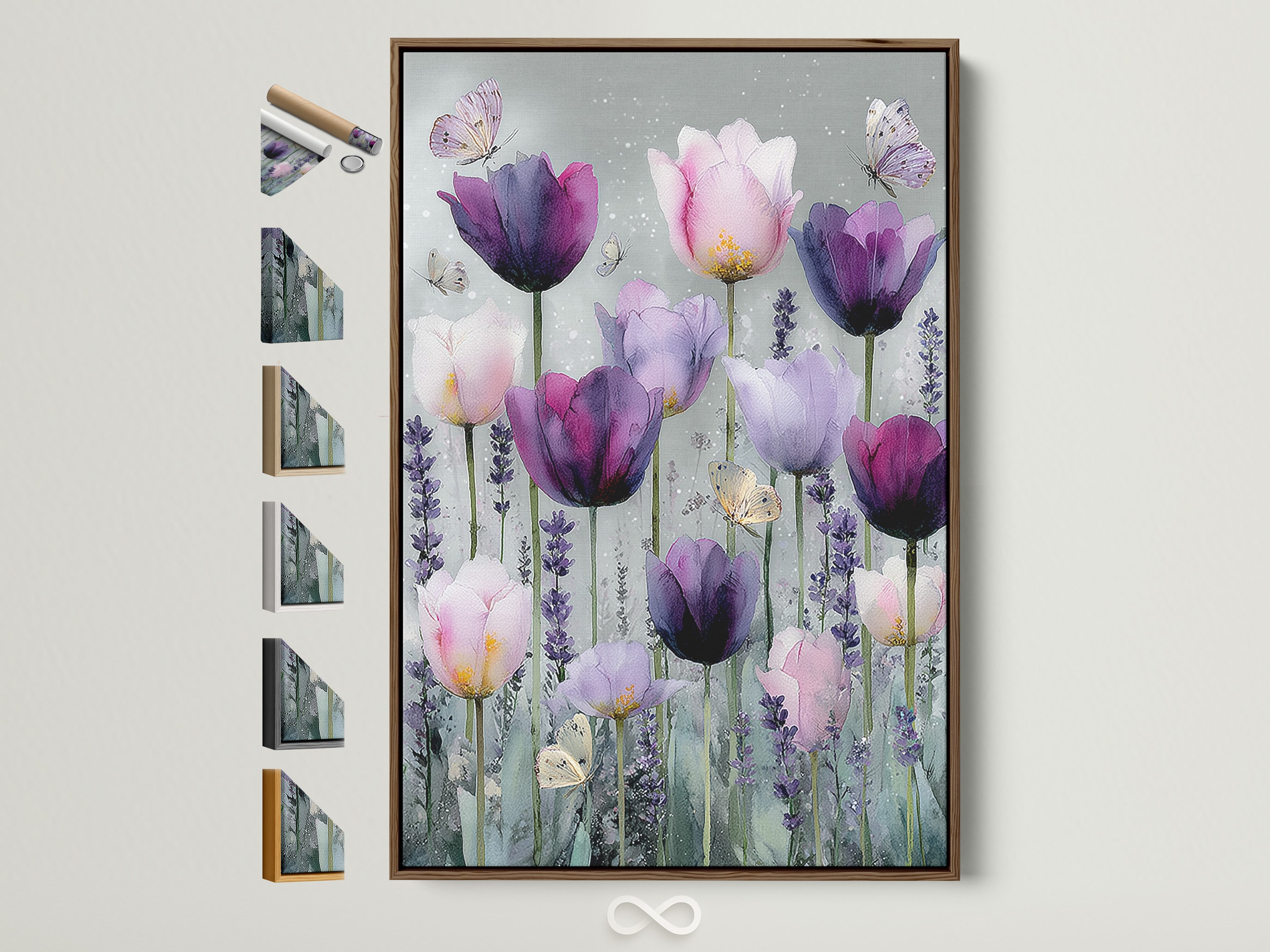 A framed artwork with a brown frame is displayed showcasing all available frame options. The elegant artwork features purple and pink tulips. Butterflies add a touch of whimsy to the floral artwork. The art is displayed in a well-lit room creating a warm inviting atmosphere. The brown frame enhances the artwork's beauty.