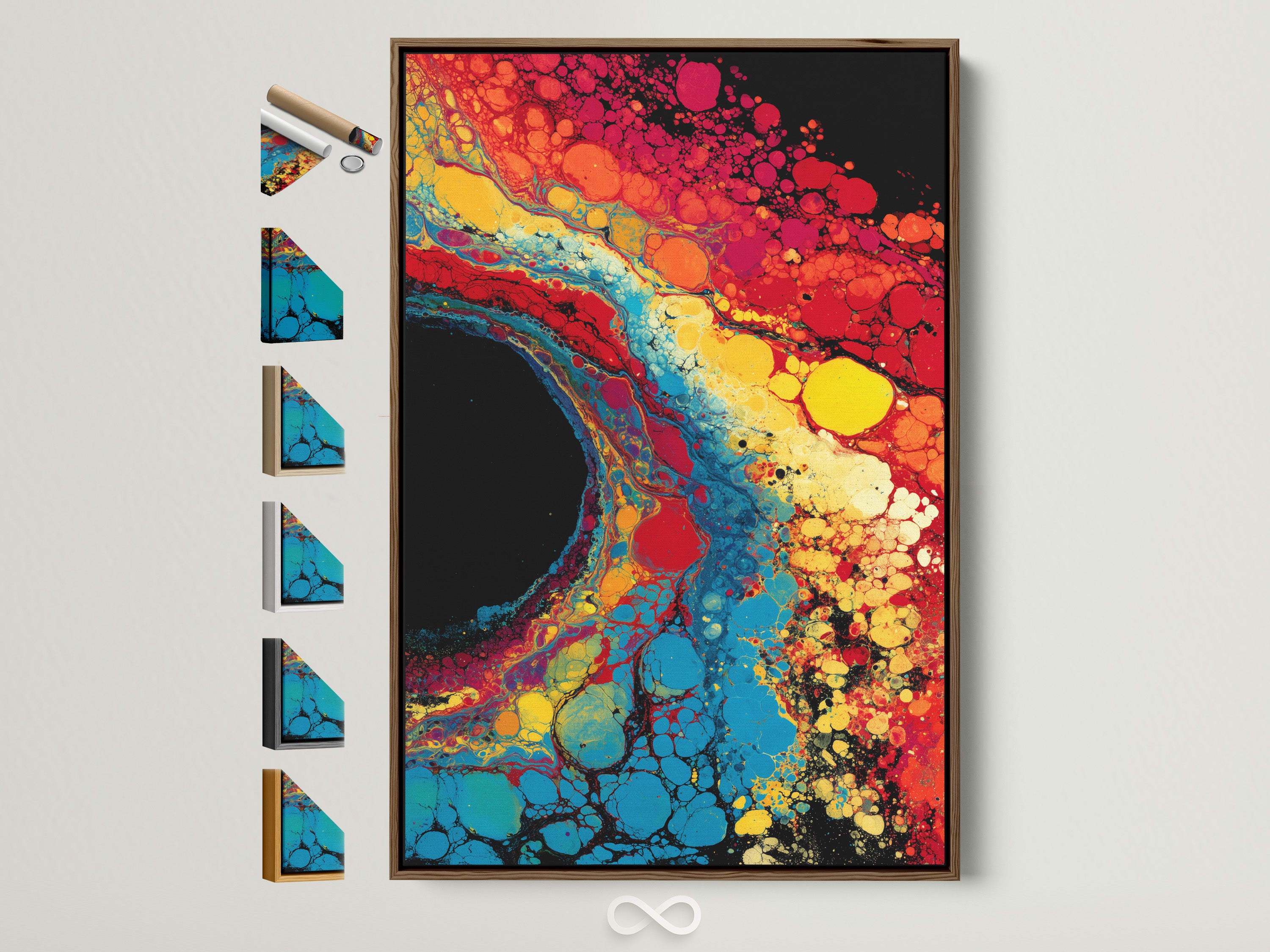 A vibrant artwork with a brown frame is displayed. The art features a mesmerizing blend of red yellow and blue hues. This eye-catching piece adds a touch of modern elegance to any interior. Explore our framed art options. Find the perfect frame to complement your style and artwork.