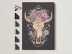 Artwork of a floral bull skull in a brown frame. The art print features a skull adorned with colorful roses. This artwork is framed in a natural brown wood. All frame options are displayed on the side. Perfect wall art for any space.