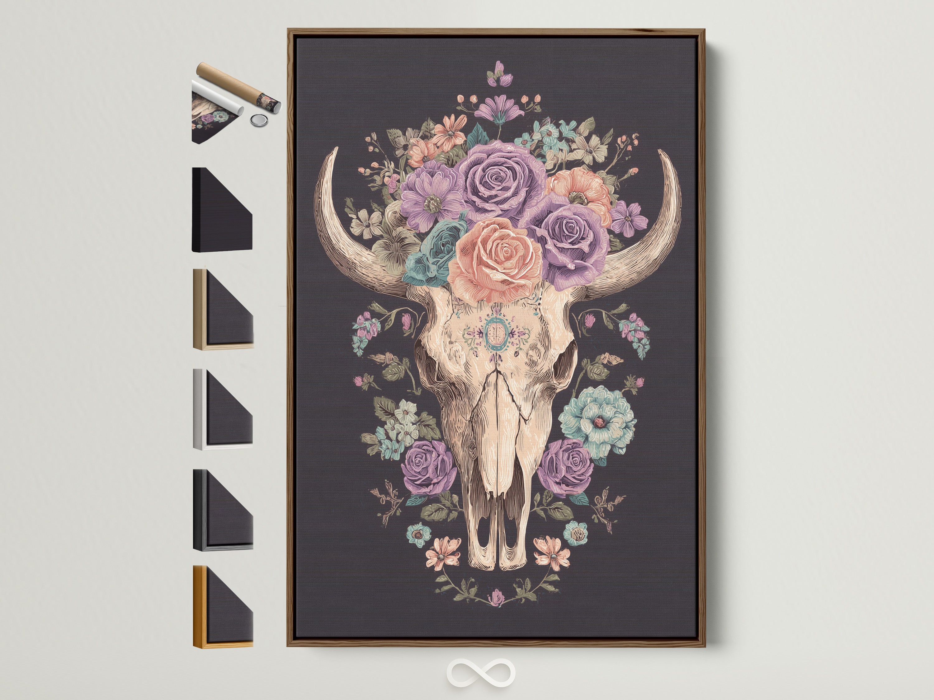 Artwork of a floral bull skull in a brown frame. The art print features a skull adorned with colorful roses. This artwork is framed in a natural brown wood. All frame options are displayed on the side. Perfect wall art for any space.