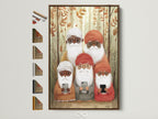 Framed gnome family artwork with a brown frame is showcased. The artwork features a group of gnome characters in a forest setting. Frame options are displayed on the side. Perfect whimsical art for any room.