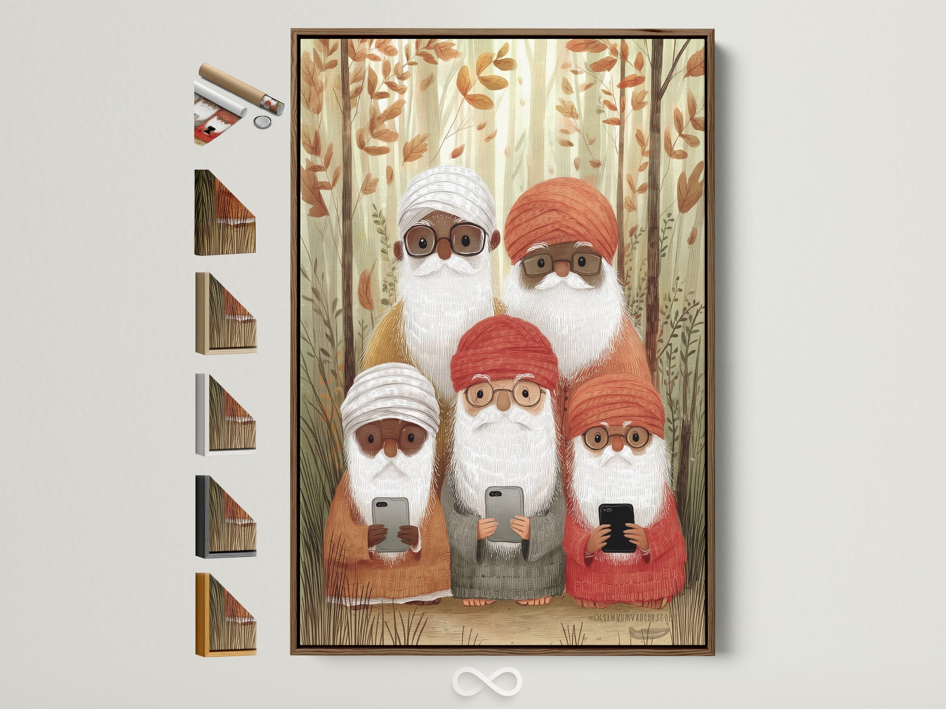 Framed gnome family artwork with a brown frame is showcased. The artwork features a group of gnome characters in a forest setting. Frame options are displayed on the side. Perfect whimsical art for any room.