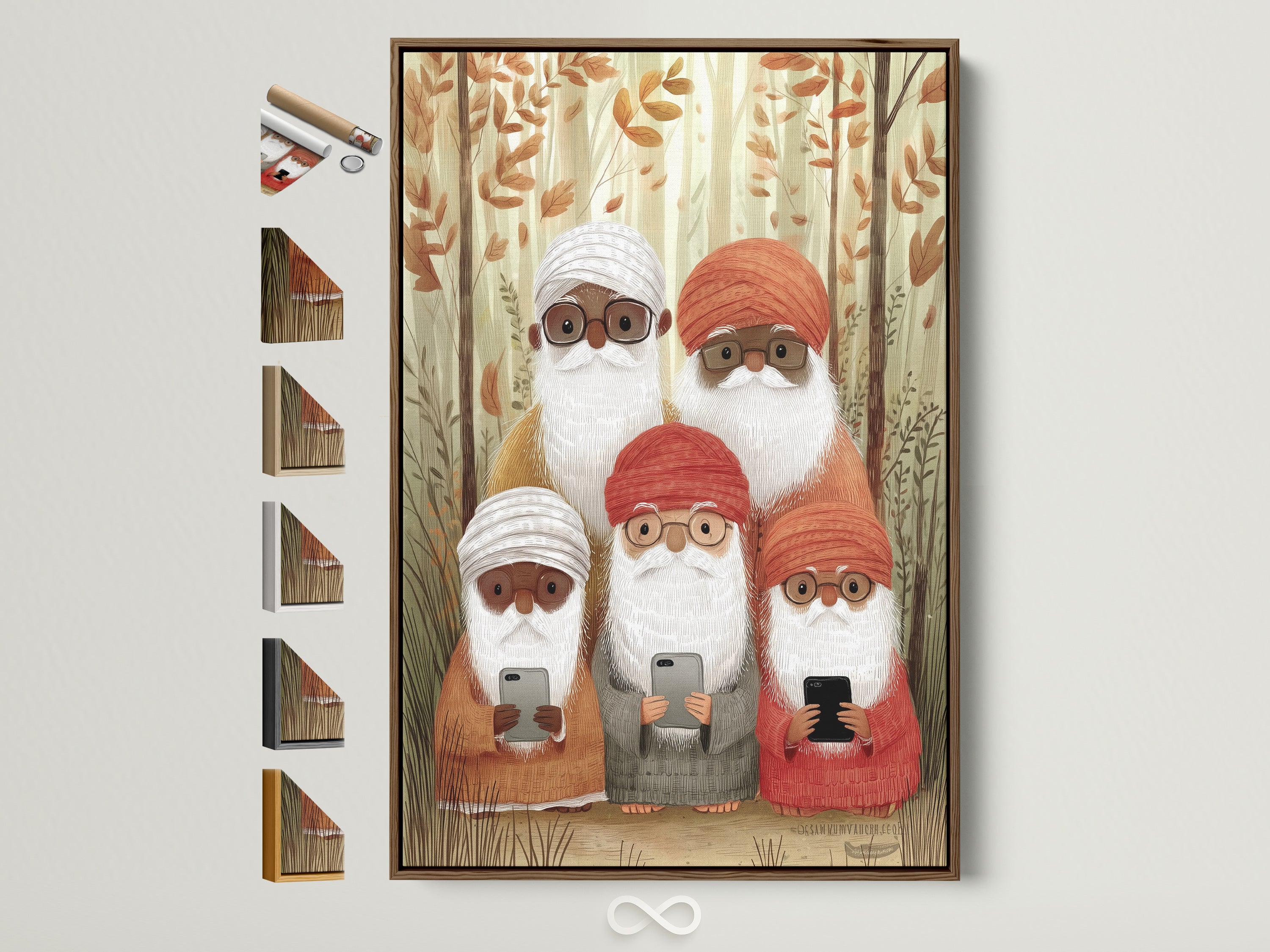 Framed gnome family artwork with a brown frame is showcased. The artwork features a group of gnome characters in a forest setting. Frame options are displayed on the side. Perfect whimsical art for any room.