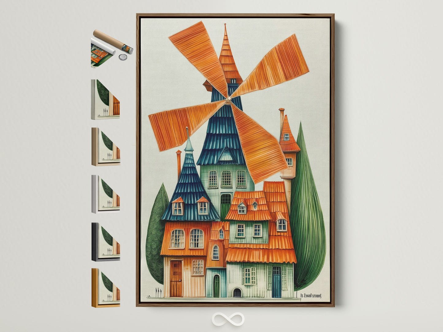 Whimsical windmill art print with a brown frame. This Dutch architecture canvas adds colorful folk art to playroom wall decor. Explore frame options for unique wall art to brighten kids' rooms or creative spaces.
