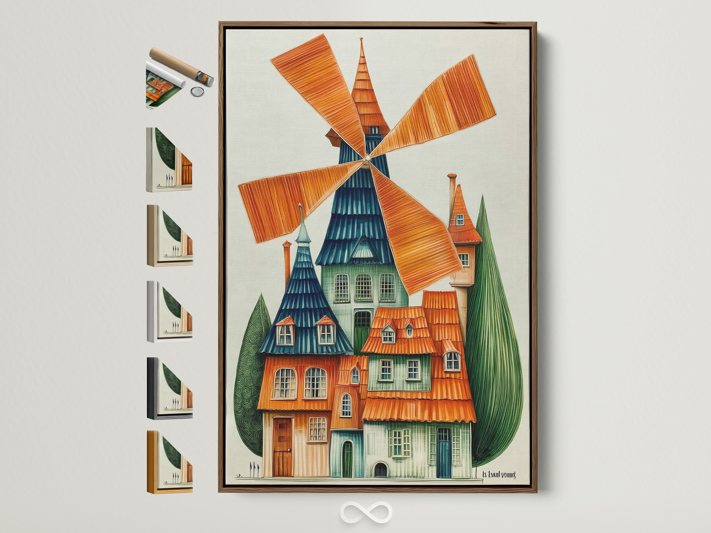 Whimsical windmill art print with a brown frame. This Dutch architecture canvas adds colorful folk art to playroom wall decor. Explore frame options for unique wall art to brighten kids' rooms or creative spaces.