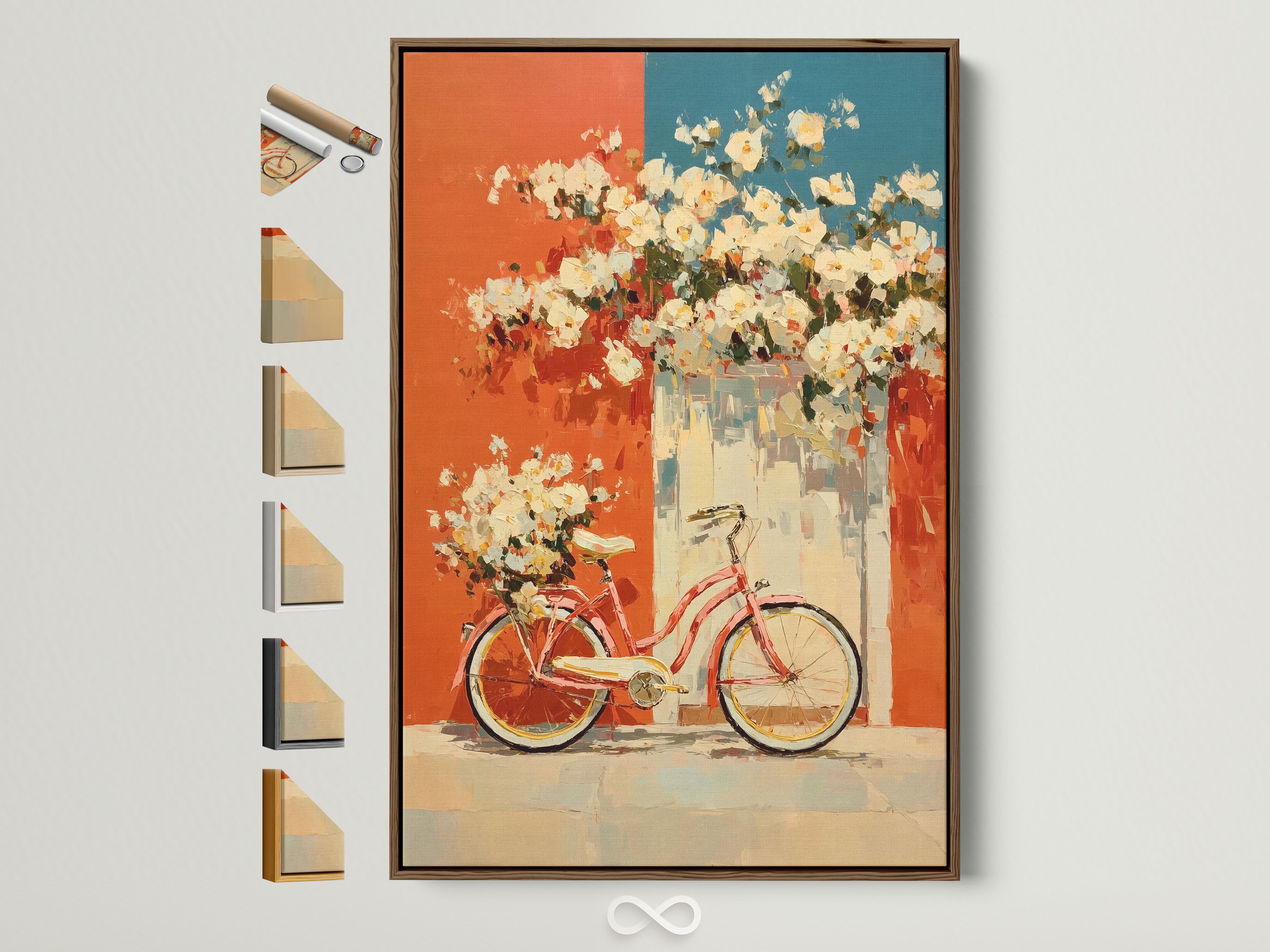 Vintage bicycle artwork in a brown frame. The artwork features floral accents in coral and teal. This retro poster adds a touch of mid-century style to any kitchen or living room. A variety of frame options are displayed to the side. Perfect for adding a distinctive touch to your home decor.