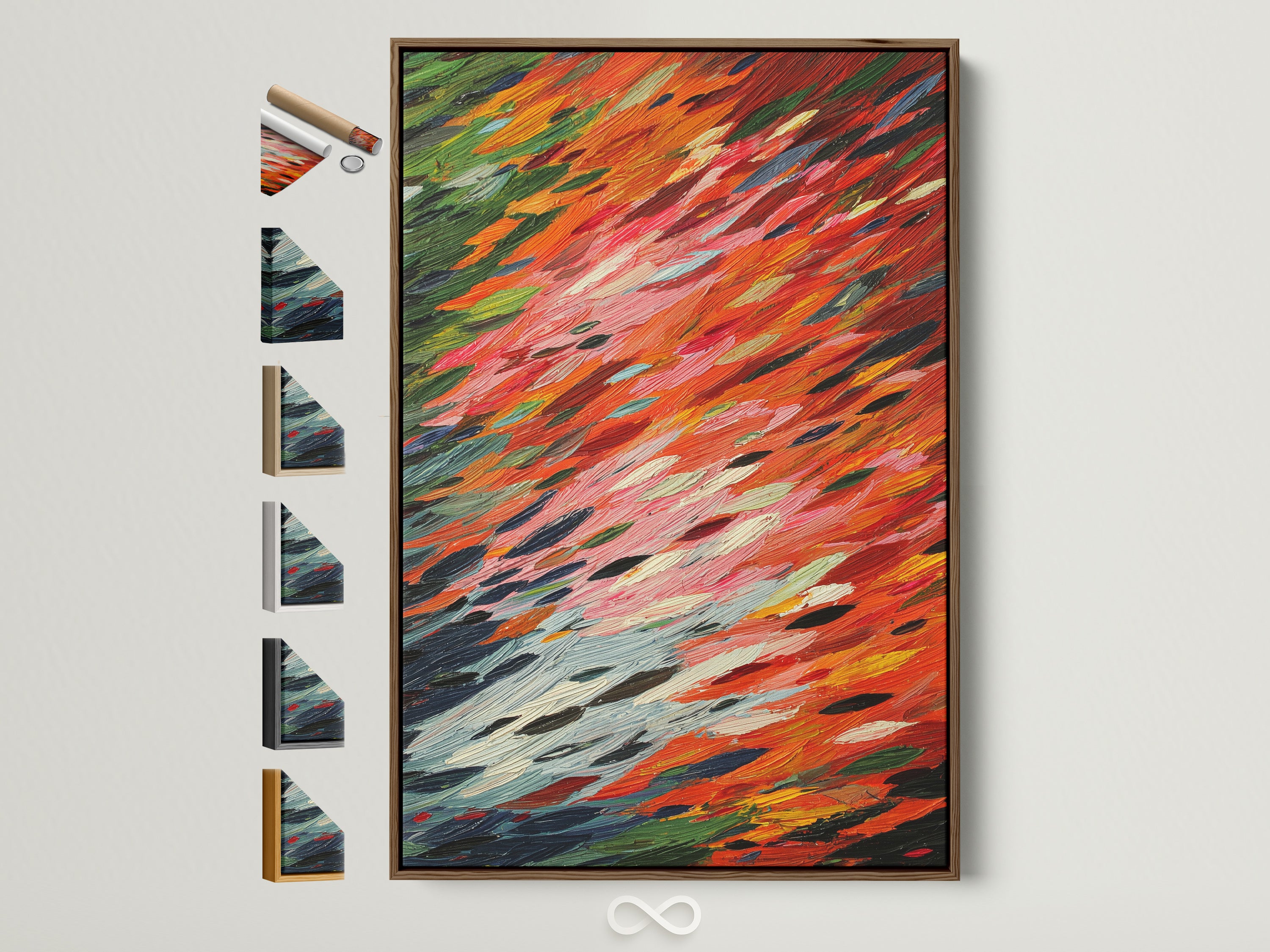 A vibrant abstract brushstroke artwork is displayed in a brown frame. The art features a dynamic mix of orange and red hues. Frame options are visible on the side. This modern expressionist piece enhances bedroom decor and adds a contemporary touch to any space.