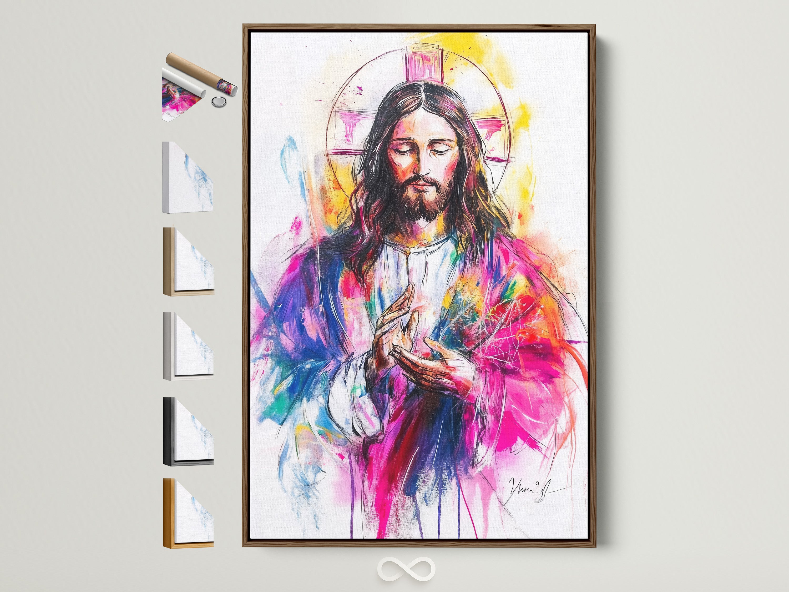 A vibrant painting of Jesus Christ is displayed in a brown frame. The artwork features bright colors and expressive brushstrokes. See frame options available. Consider this inspiring art piece to add beauty to your space.