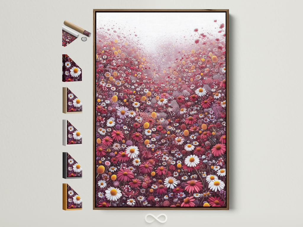 A floral meadow canvas artwork is displayed in a brown frame. The artwork features a vibrant field of red and white wildflowers. Various frame options are showcased beside it. Perfect botanical wall art for a farmhouse or contemporary aesthetic. Elevate your bedroom with this wildflower print.