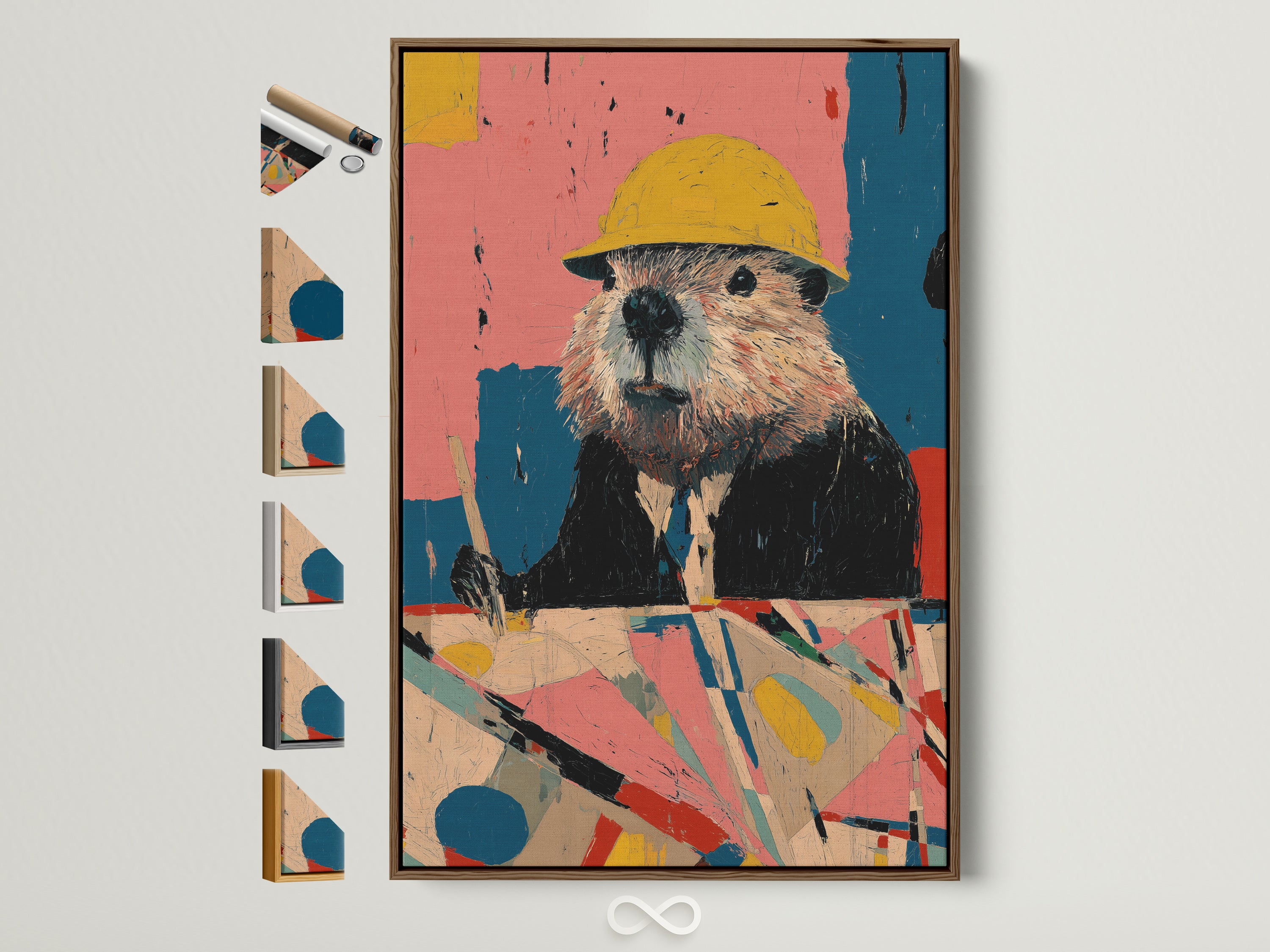 Beaver Construction Worker artwork in a brown frame. This vintage animal wall art features a beaver wearing a hard hat. Frame options displayed on the side showcase available styles. Perfect retro hard hat print for office wall decor.