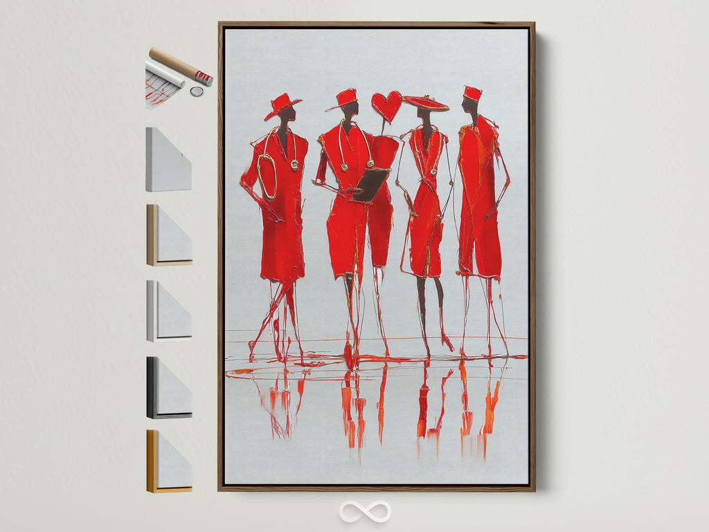 Red Fashion Sketch Art in a brown frame. The contemporary figure drawing is a canvas print. This modern fashion wall art is perfect for bedroom decor. See frame options to the side.