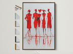 Red Fashion Sketch Art in a brown frame. The contemporary figure drawing is a canvas print. This modern fashion wall art is perfect for bedroom decor. See frame options to the side.