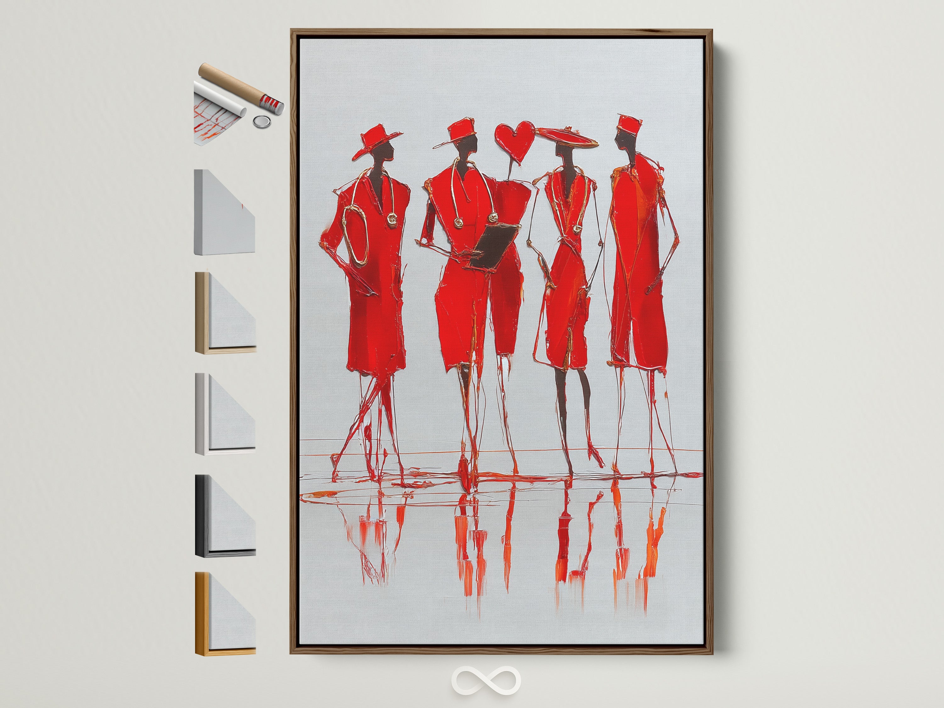 Red Fashion Sketch Art in a brown frame. The contemporary figure drawing is a canvas print. This modern fashion wall art is perfect for bedroom decor. See frame options to the side.