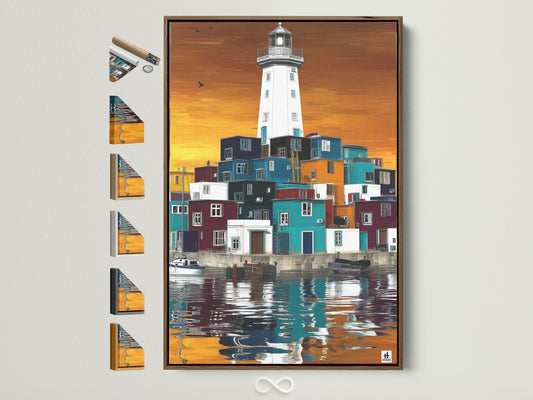 A coastal lighthouse artwork is displayed in a brown frame. Various frame options are showcased beside it. This piece brings seaside charm to any space. The colorful nautical artwork enhances home decor. Perfect for art lovers and coastal enthusiasts.
