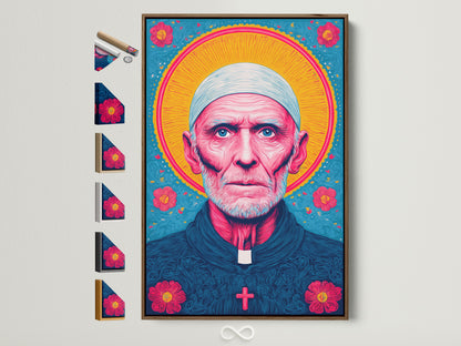 Explore frame options with this brown frame showcasing various styles. Discover the perfect frame to complement your priest portrait. Many frame options are available. Find the ideal match for your religious art or church decor needs. A variety of styles ensure a seamless blend with your vibrant print.