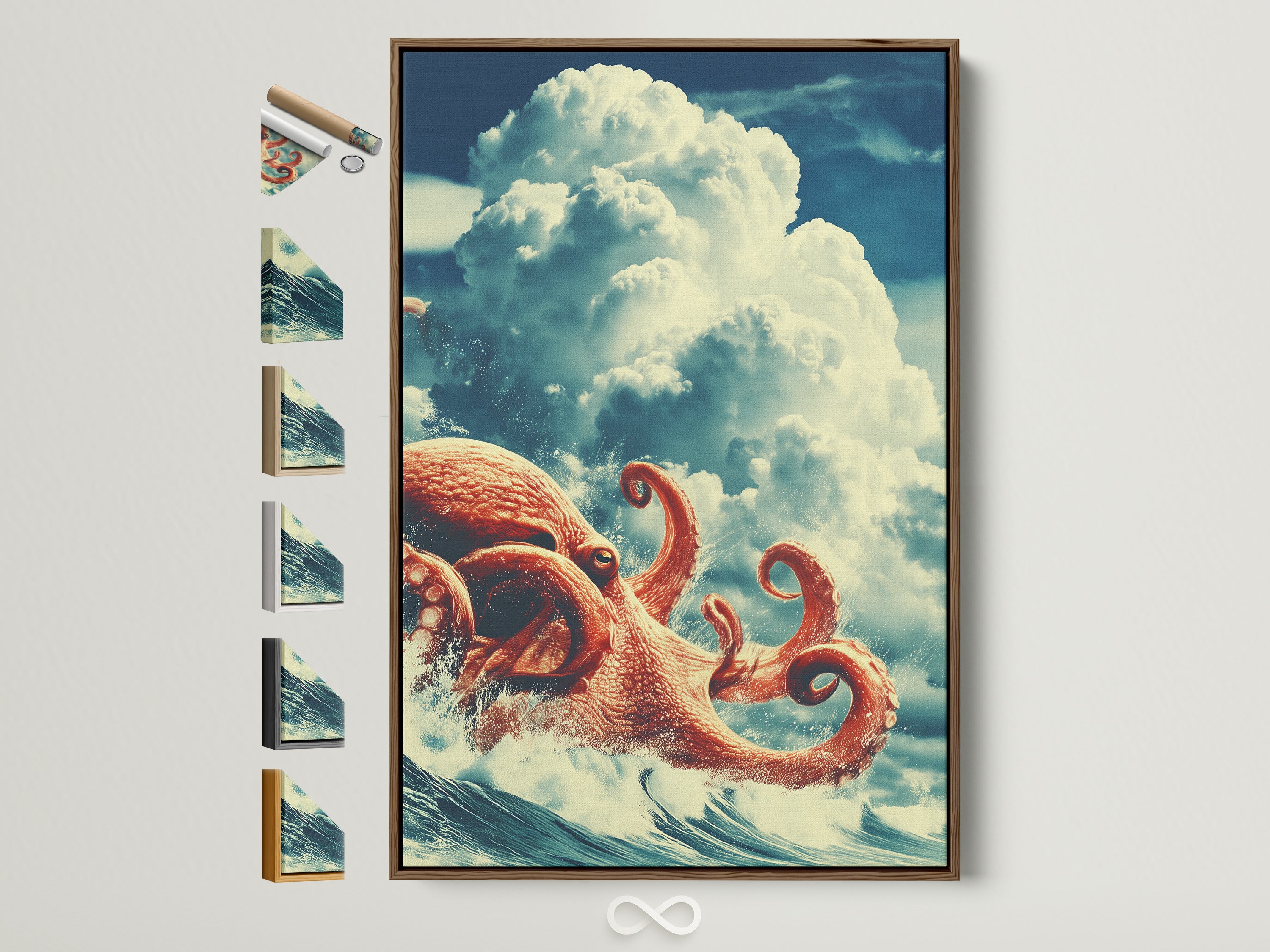 Explore frame options for the surreal octopus artwork. This brown frame is displayed alongside other frame choices. See how each frame complements this nautical ocean creature poster. Perfect for coastal home decor. Find the ideal frame to match your style.