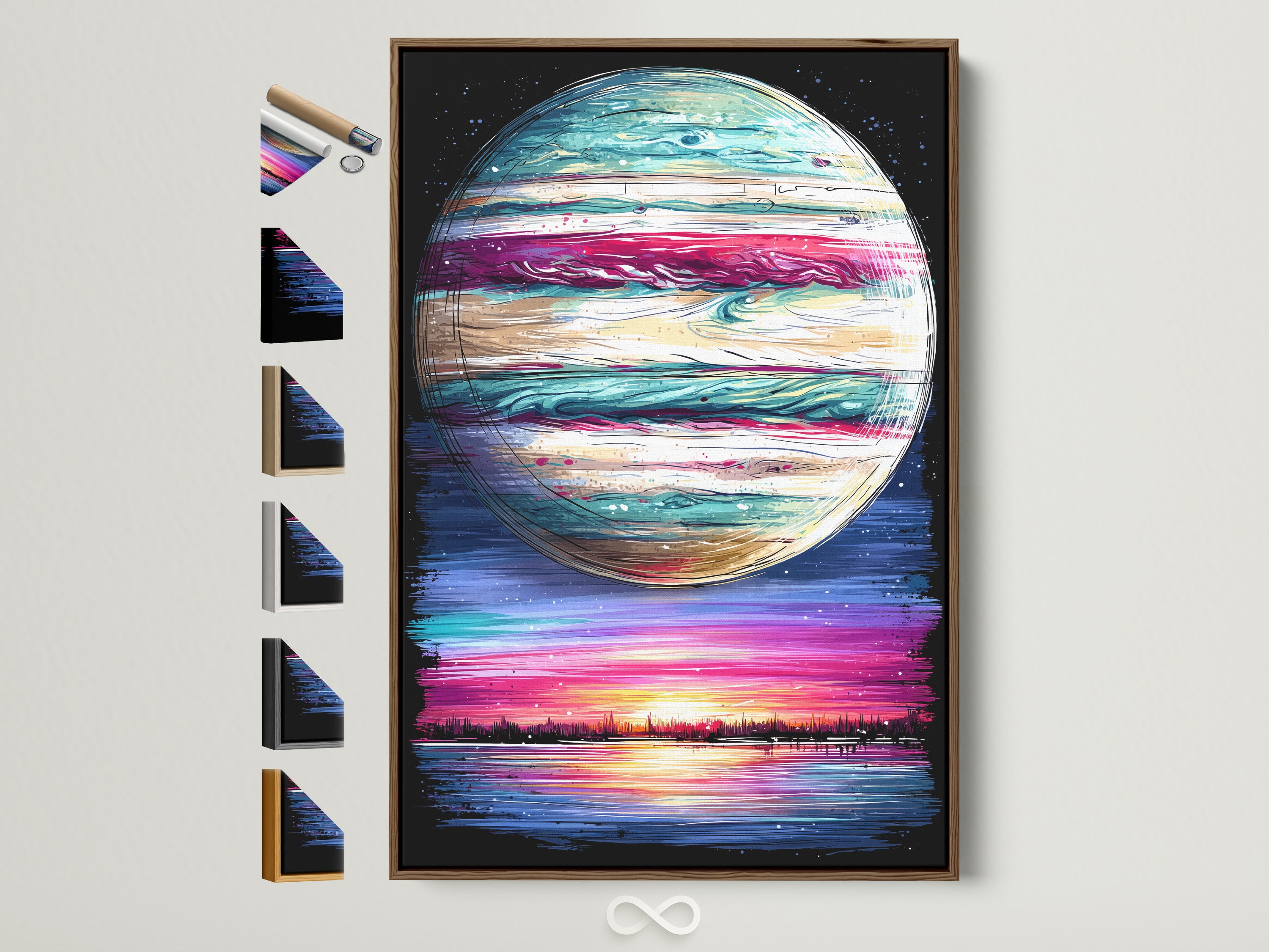 Abstract galaxy wall art in a brown frame. This planetary artwork adds a modern touch to any home decor. The colorful art print features blue and pink hues. See all frame options.