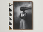 A surreal woman canvas print in a brown frame is displayed. The artwork features a double exposure effect. Black and white photography creates a dreamy wall art piece. Discover frame options to match your decor