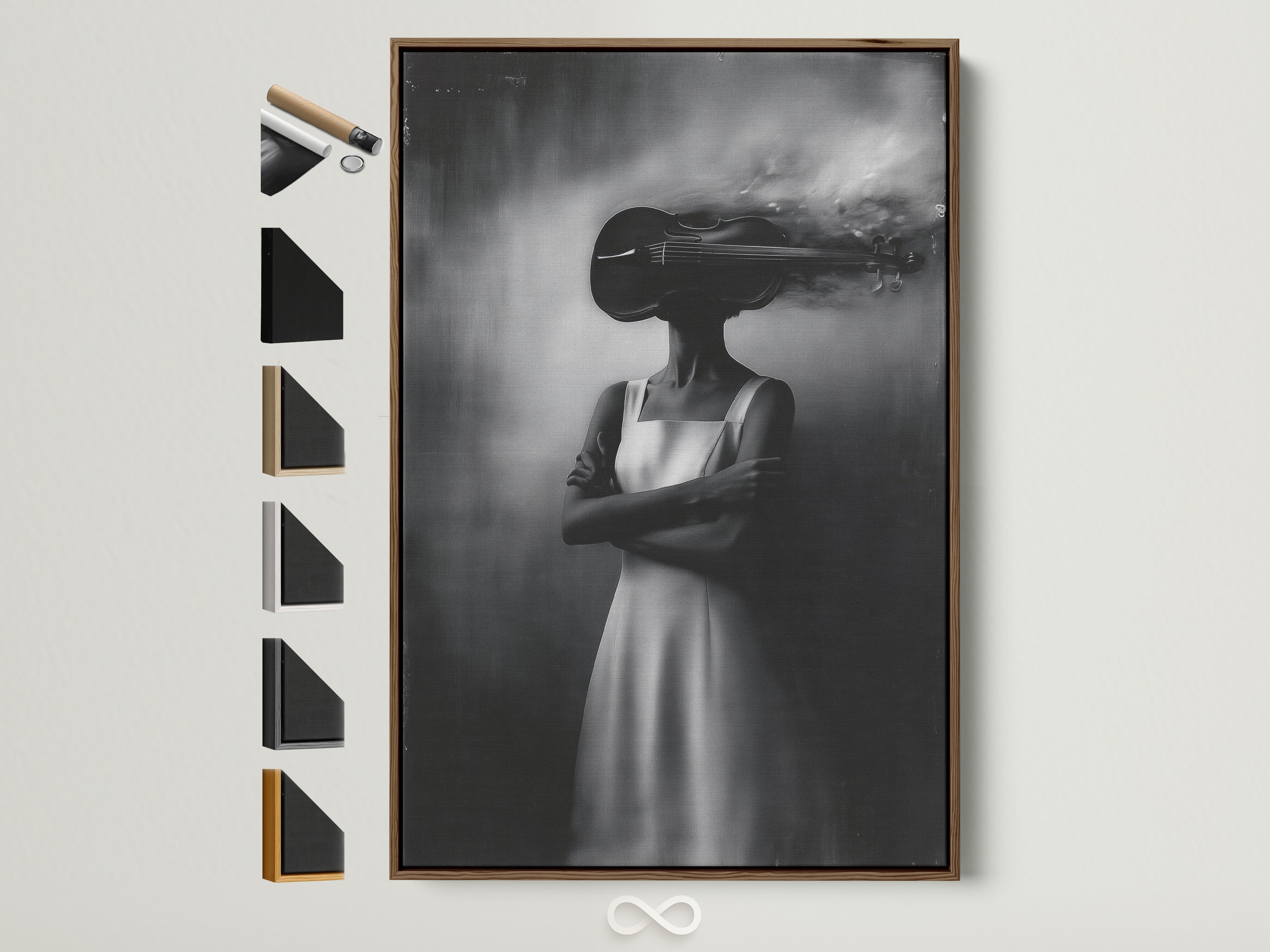 A surreal woman canvas print in a brown frame is displayed. The artwork features a double exposure effect. Black and white photography creates a dreamy wall art piece. Discover frame options to match your decor