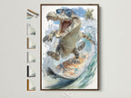 Brown frame displaying cool alligator wall art. This tropical surf canvas print features a funny animal art. It's perfect for beach house decor and a kids room. All frame options are visible on the side adding to the artwork's appeal.