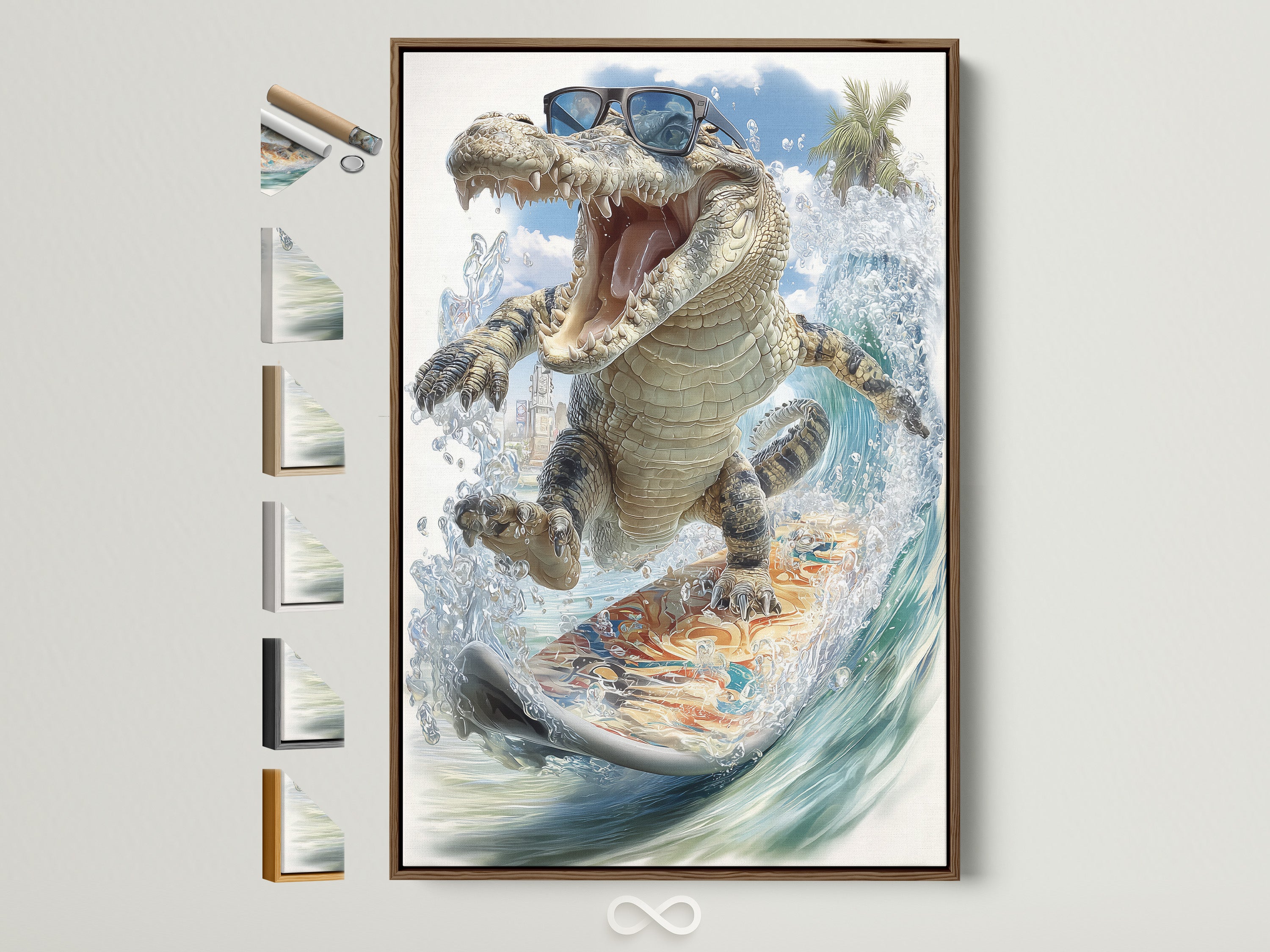 Brown frame displaying cool alligator wall art. This tropical surf canvas print features a funny animal art. It's perfect for beach house decor and a kids room. All frame options are visible on the side adding to the artwork's appeal.