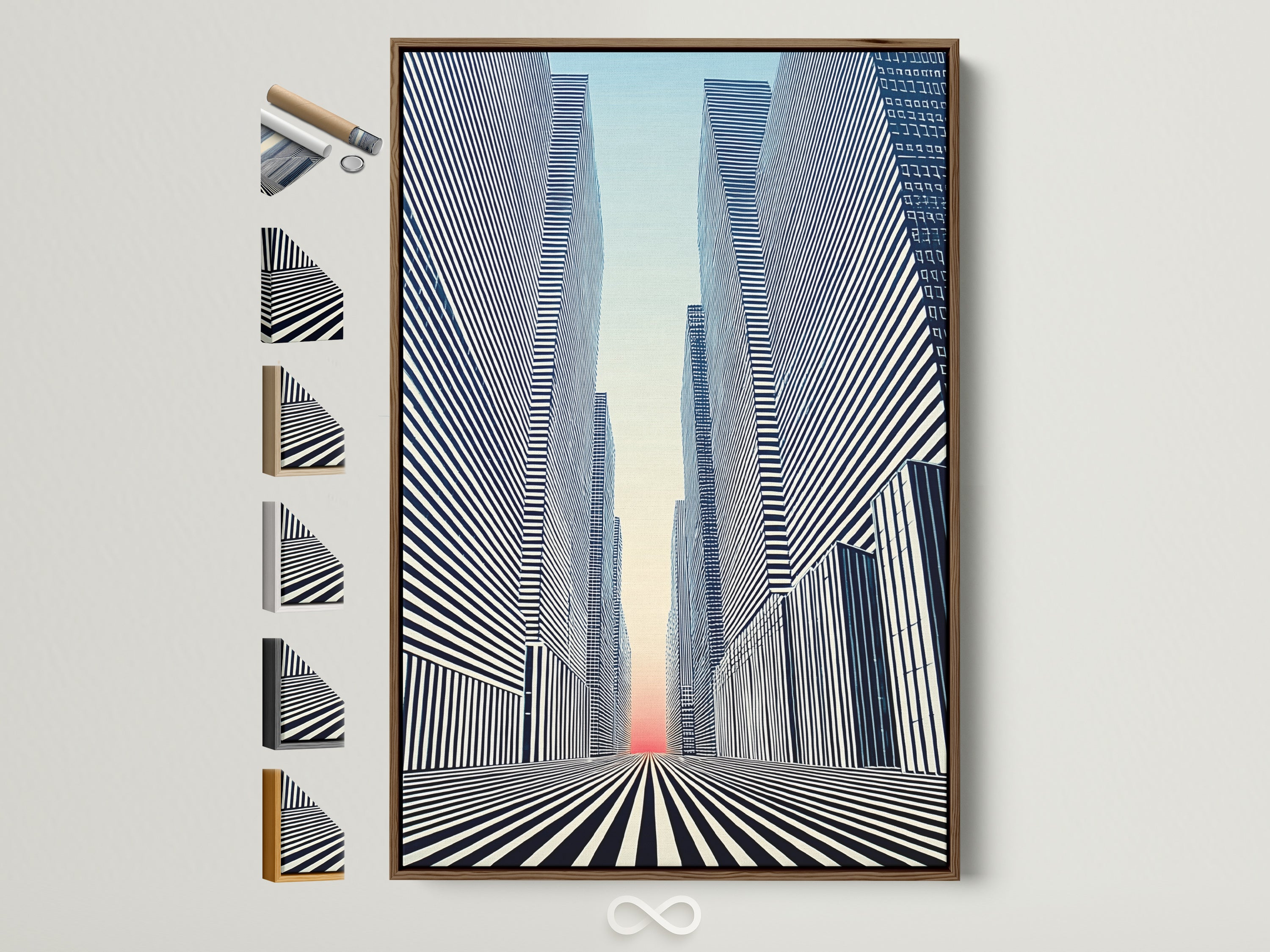 Explore frame options for the Cityscape Optical Illusion artwork. A brown frame surrounds the modern black and white wall art. See available frame styles displayed beside the framed print. Perfect for office or home spaces seeking urban and geometric art.