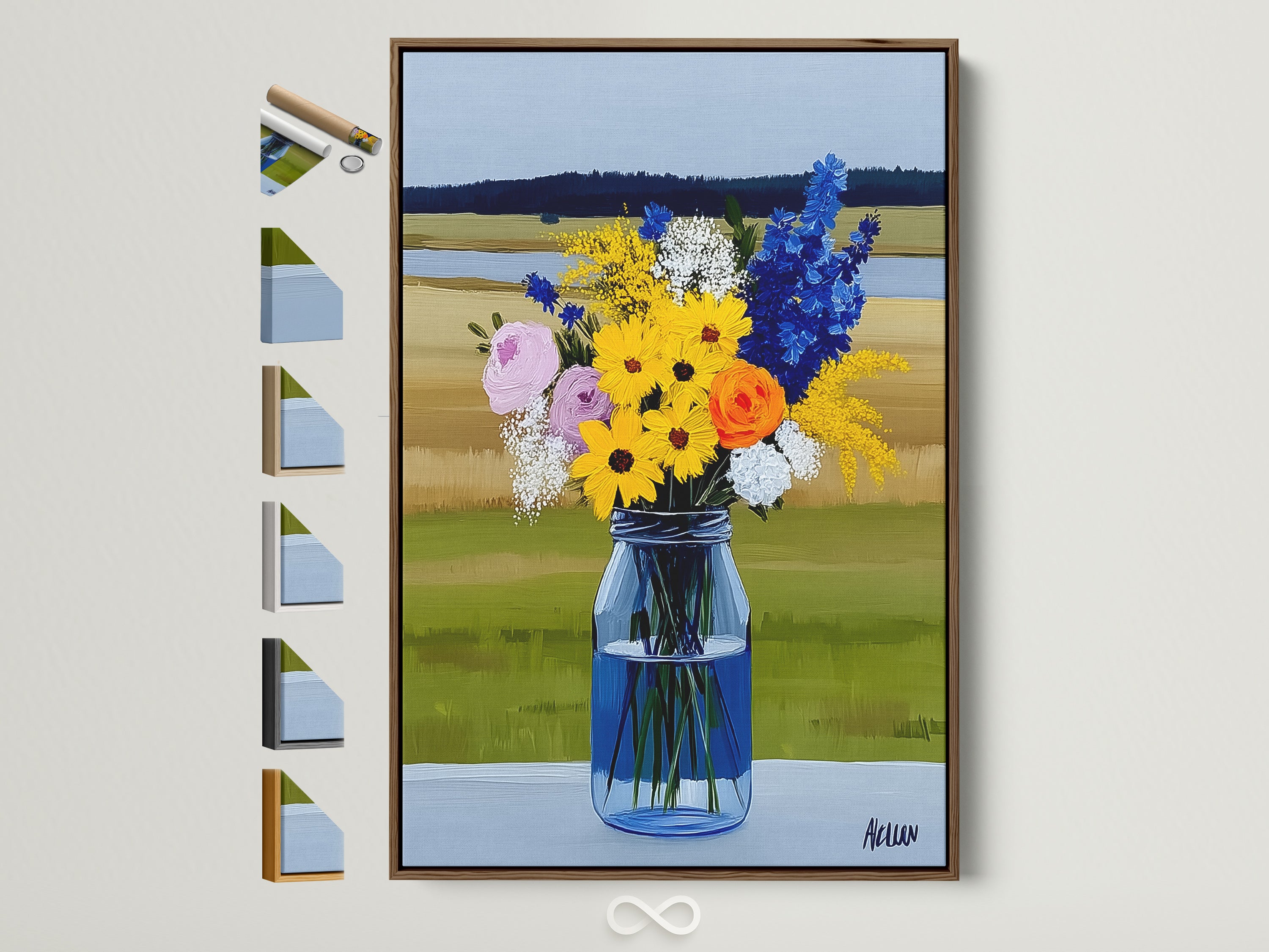 A wildflower bouquet artwork is displayed in a brown frame. The artwork features colorful flowers in a blue vase. It's a rustic farmhouse style print. Frame options are shown on the side.