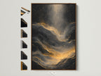 A brown frame displays abstract artwork. The art is black and gold. Frame options are shown on the side. The artwork would look great in any home. The texture adds dimension to the piece. It is a great focal point for any room. It enhances home decor.