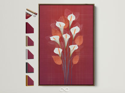 Explore frame options for your calla lily artwork. This brown frame is displayed alongside other frame choices. Find the perfect frame to complement your burgundy red floral poster. Enhance your bedroom wall decor with custom framing.