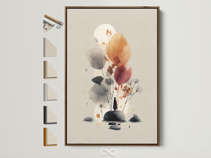 Abstract Botanical watercolor canvas — neutral beige with rust leaves