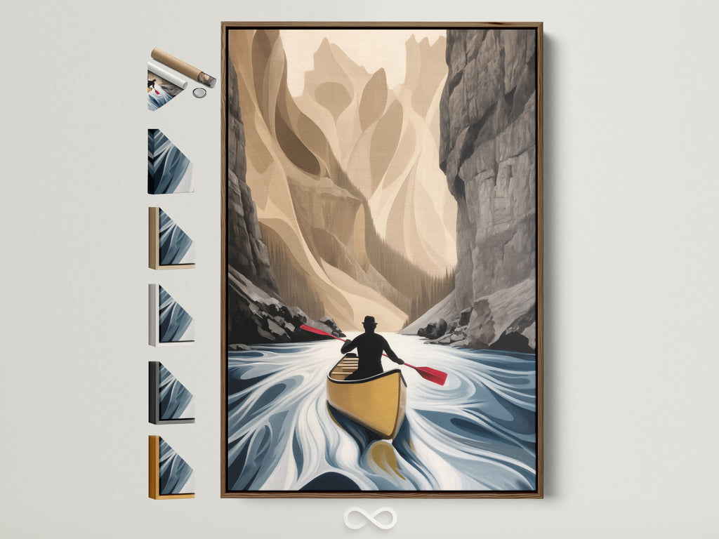 Canoe River artwork in a brown frame. This adventure wall art features a neutral tone landscape. The artwork is displayed with various frame options. Perfect wall decor for modern rustic or cabin styles.