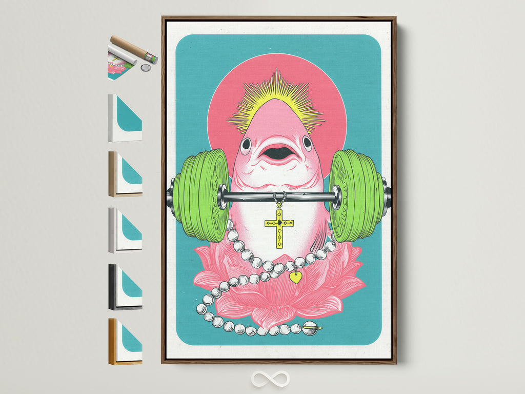 Surreal flamingo artwork print in a brown frame. The frame options are displayed on the side. This quirky gym wall art adds humor to home gyms offices and living rooms. The pink teal art is motivational and eccentric.