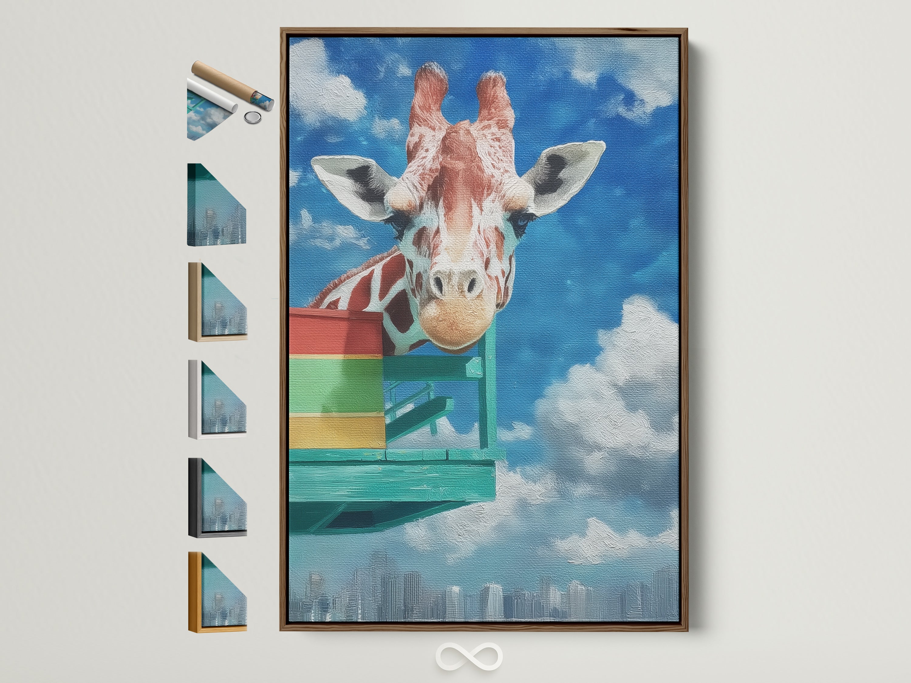 A whimsical giraffe artwork print is displayed in a brown frame. This colorful cityscape wall art adds a playful touch to any room. Frame options are visible for customization. Perfect for adding a modern touch to your decor. Enhance your space with this unique animal artwork.