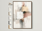 Abstract wall art in a brown frame is displayed with various frame options. The artwork features neutral blush pink and gray tones. This modern minimalist print is perfect for bedroom wall decor. A refined piece that complements modern minimalist and Scandinavian interiors.