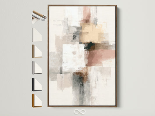 Abstract wall art in a brown frame is displayed with various frame options. The artwork features neutral blush pink and gray tones. This modern minimalist print is perfect for bedroom wall decor. A refined piece that complements modern minimalist and Scandinavian interiors.