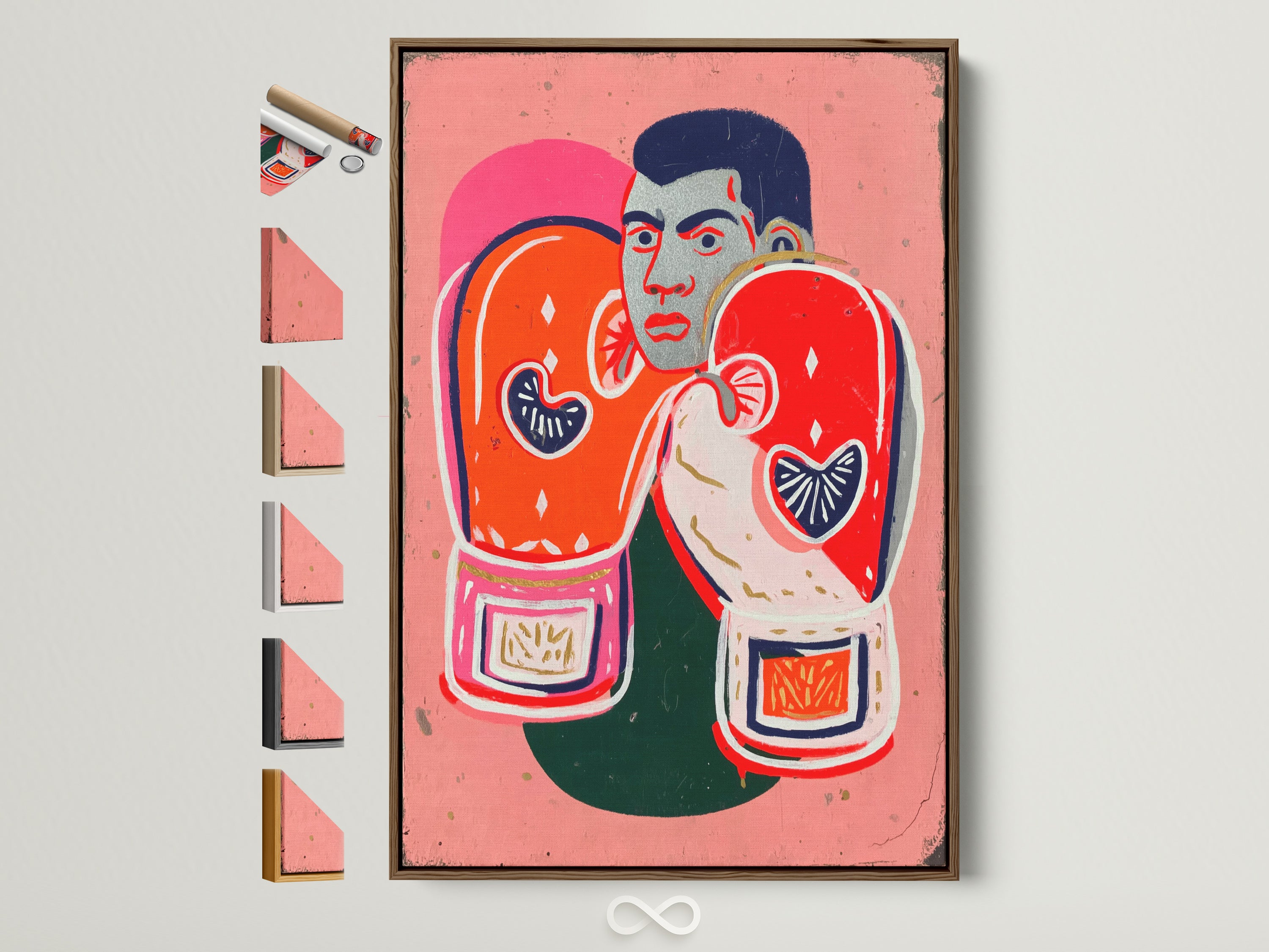 Framed retro pop art boxing legend canvas print. It features a boxer with orange gloves and a pink background. Various frame options are displayed. This artwork will add athletic inspiration to any space.