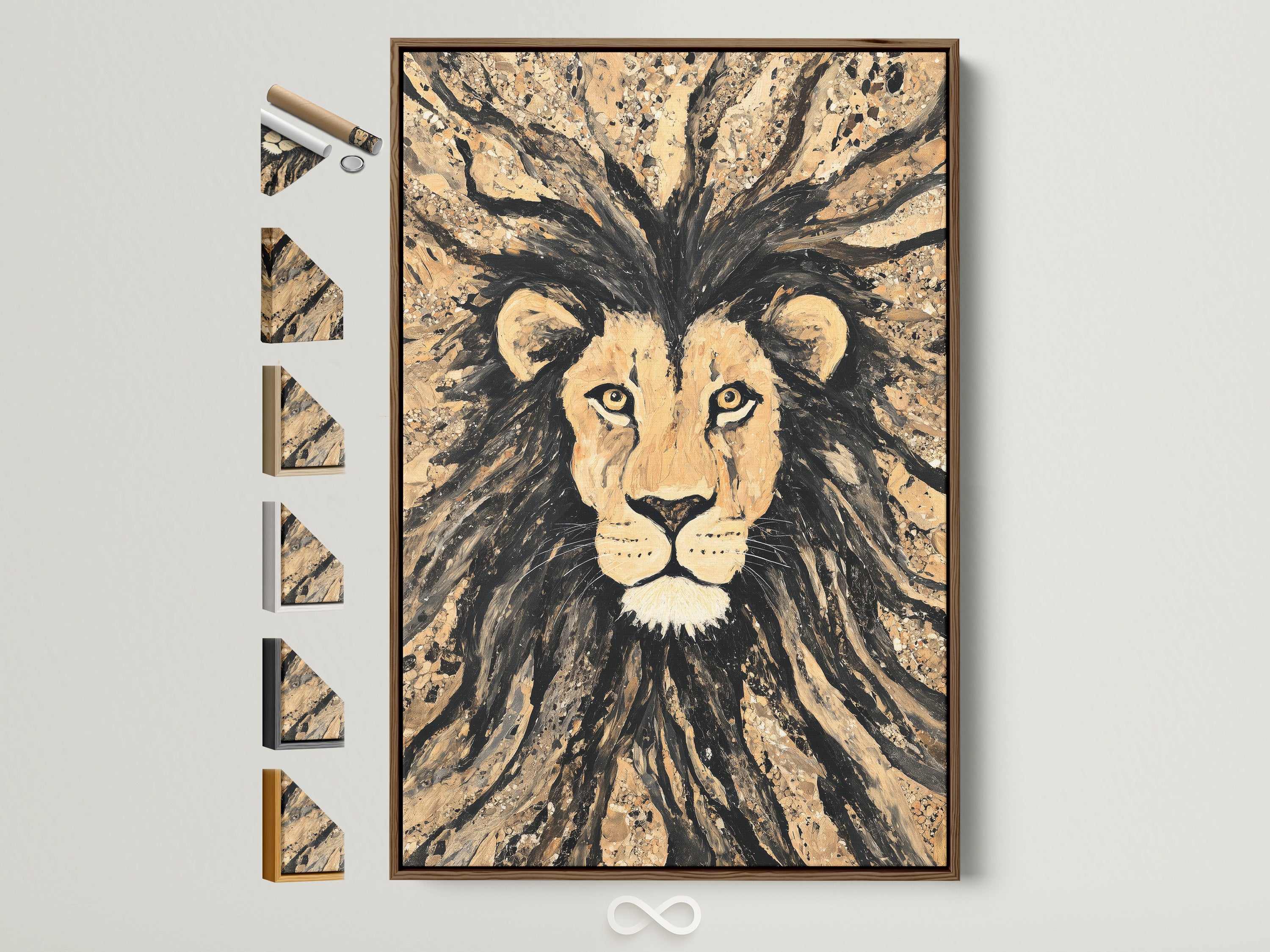 Explore framing options for your artwork. This brown frame is displayed alongside other frame choices. Find the perfect complement to your art. Various styles are available. Transform your living space with framed art.