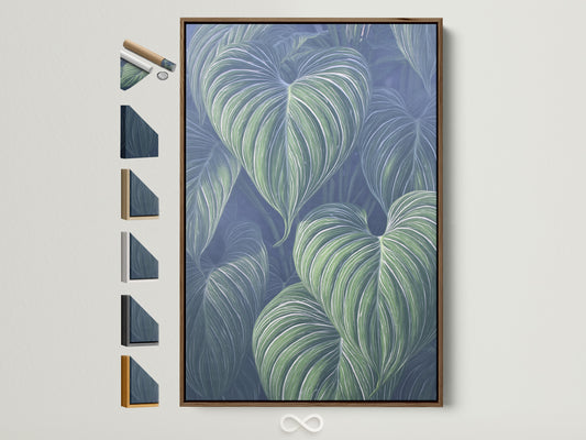 Tropical leaf art in a brown frame is displayed with frame options. The artwork features blue and green botanical wall art. This modern plant art is perfect for bedroom decor. Explore frame choices for your tropical leaf canvas print.
