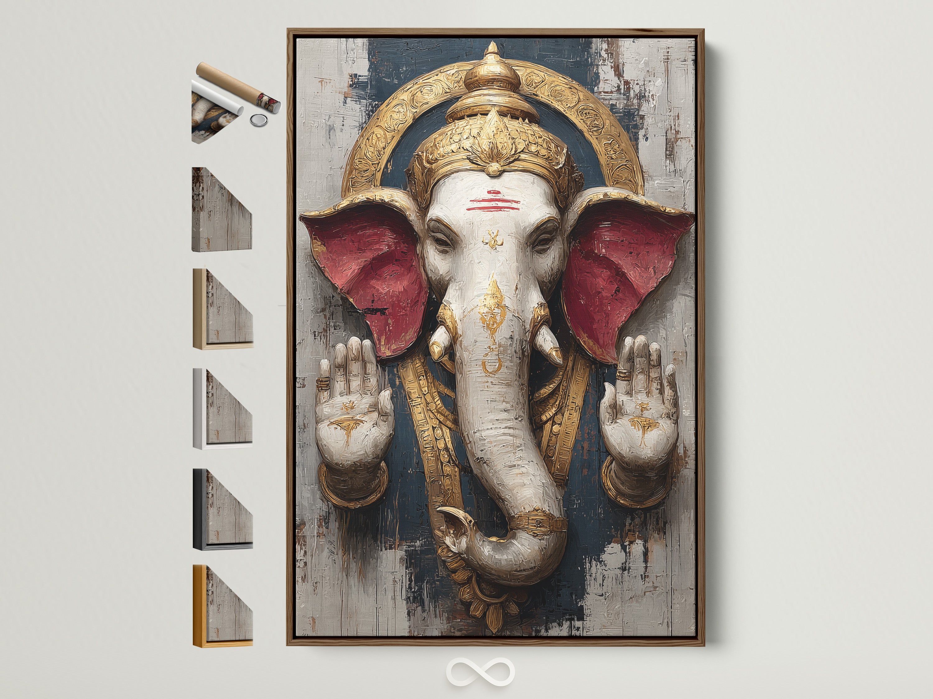 Ganesha Wall Art is showcased in a brown frame. All frame options are displayed on the side. This Hindu Elephant God canvas print adds spiritual bohemian decor. It is perfect for a meditation room or yoga studio. The artwork brings peace.