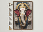 Ganesha Wall Art is showcased in a brown frame. All frame options are displayed on the side. This Hindu Elephant God canvas print adds spiritual bohemian decor. It is perfect for a meditation room or yoga studio. The artwork brings peace.