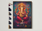 Ganesha Canvas Print in a brown frame is displayed with frame options. This Hindu God wall art adds spiritual bohemian decor to any meditation room. The colorful sacred artwork features an elephant god. It enhances Hindu home decor or a yoga studio with its religious canvas and boho style.